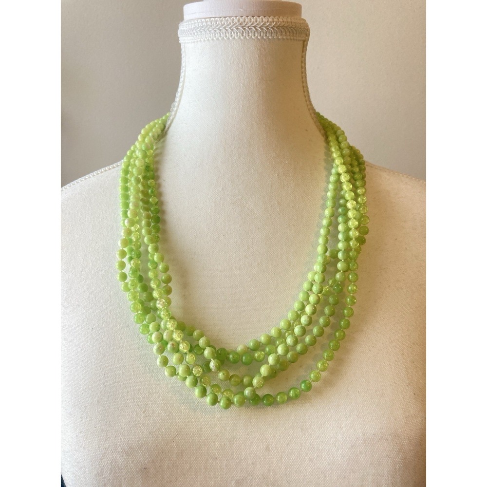 Vintage Lime Green Layered Bead Necklace Multi Strand Statement Whimsical Retro